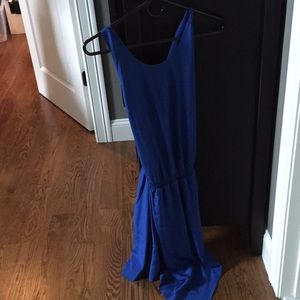 Cross back crew neck blue mini dress